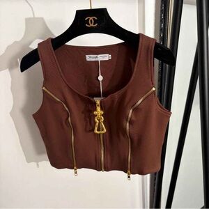 Schiaparelli Fitted Brown Zip-Front Crop Tank Top